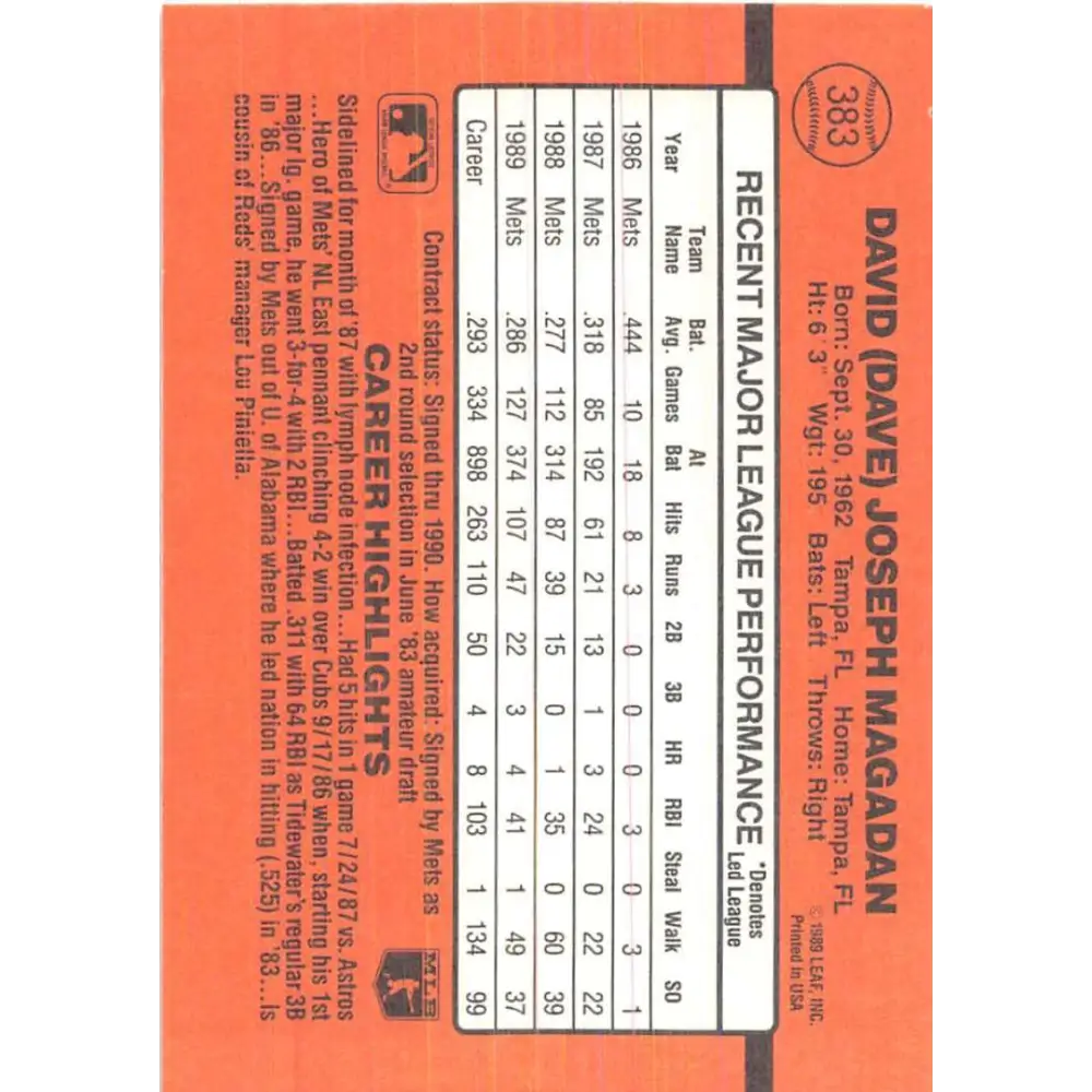 1990 Donruss #383 Dave Magadan VG-EX New York Mets Baseball Card Image 2