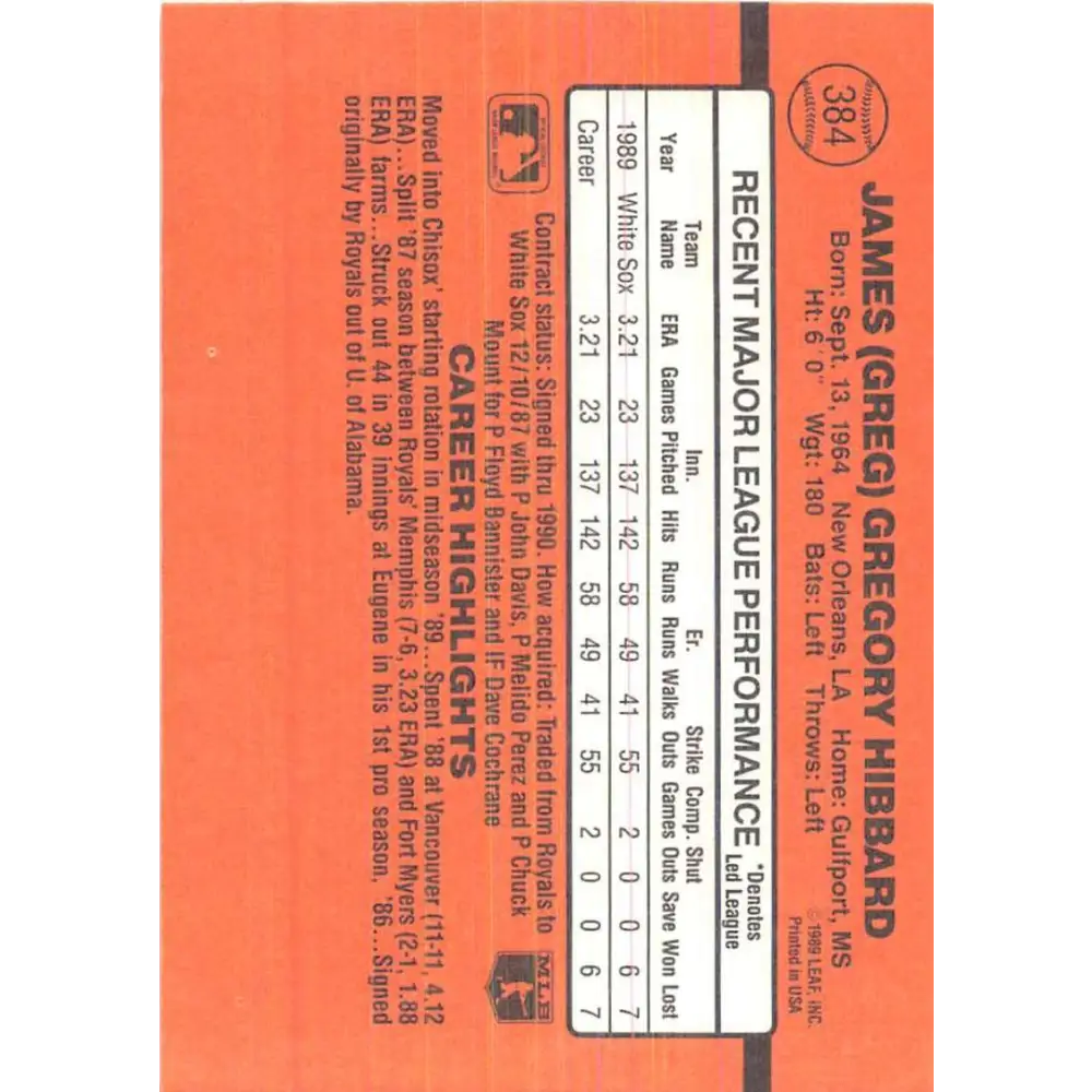 1990 Donruss #384 Greg Hibbard VG-EX RC Rookie Chicago White Sox Baseball Card Image 2