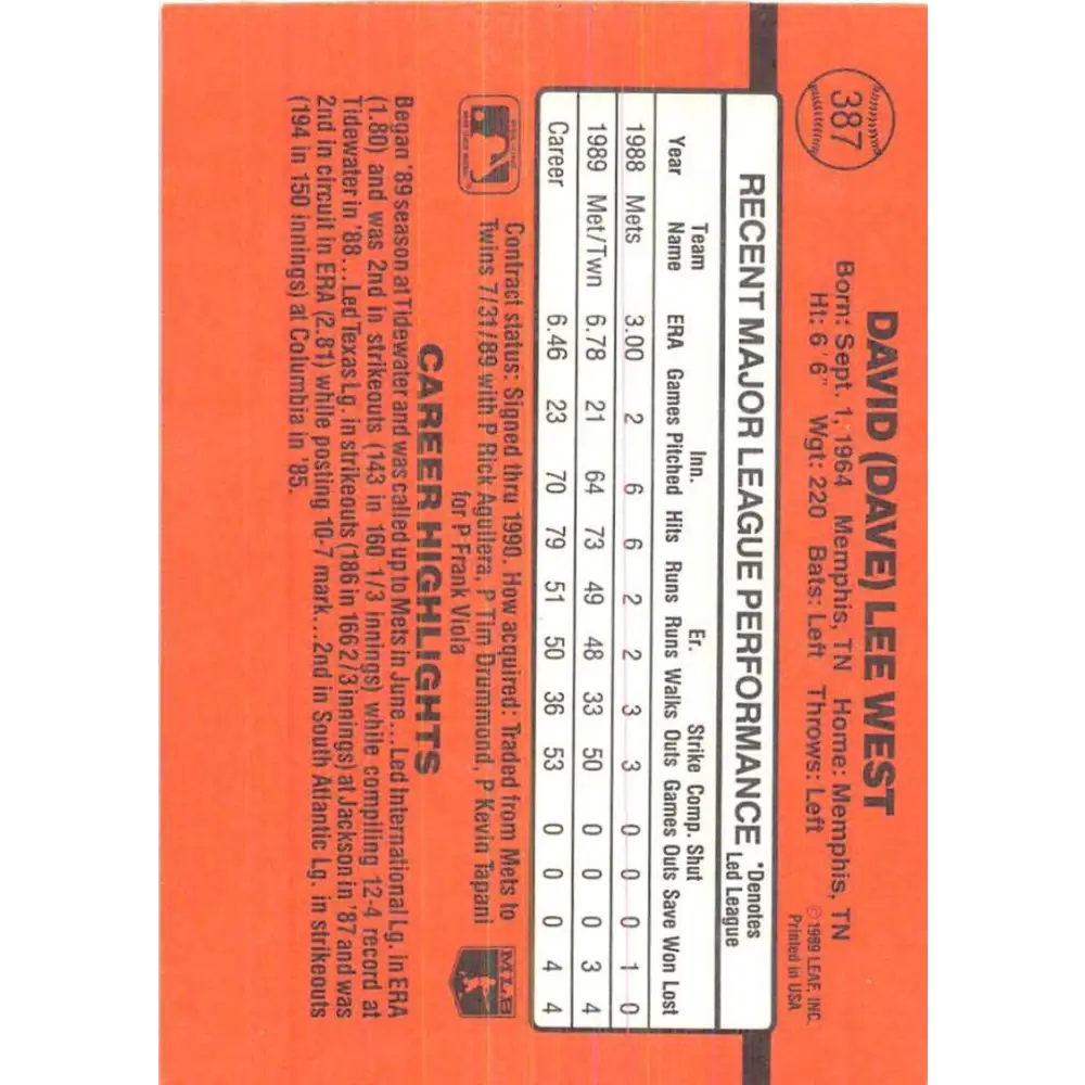 1990 Donruss #387 David West VG-EX Minnesota Twins Baseball Card Image 2
