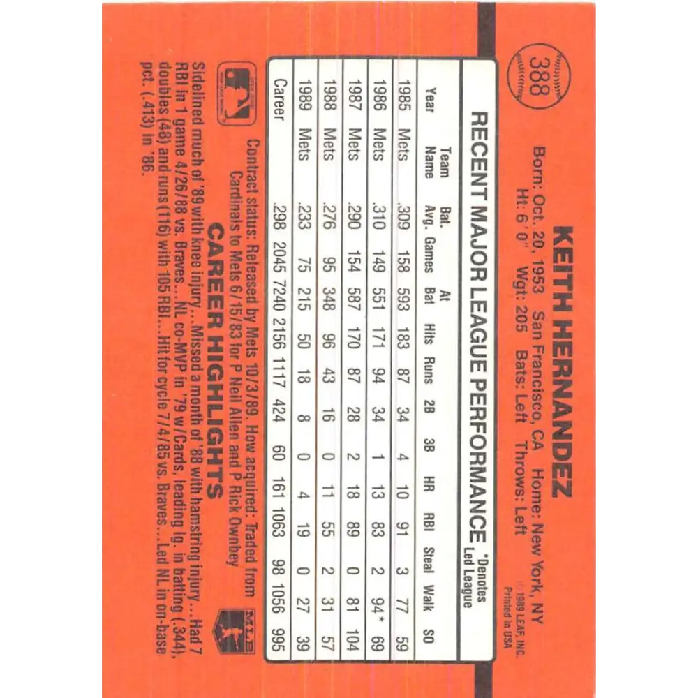 1990 Donruss #388 Keith Hernandez VG-EX New York Mets Baseball Card Image 2