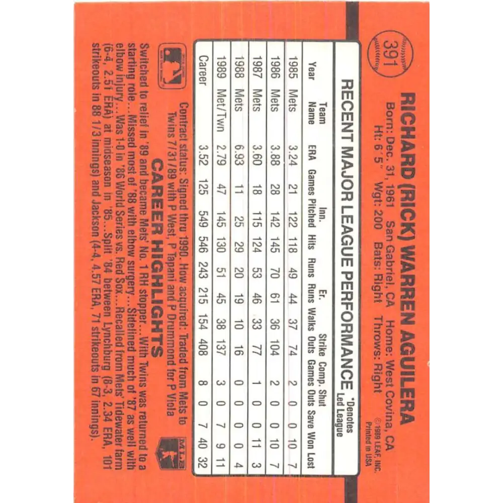 1990 Donruss #391 Rick Aguilera VG-EX Minnesota Twins Baseball Card Image 2