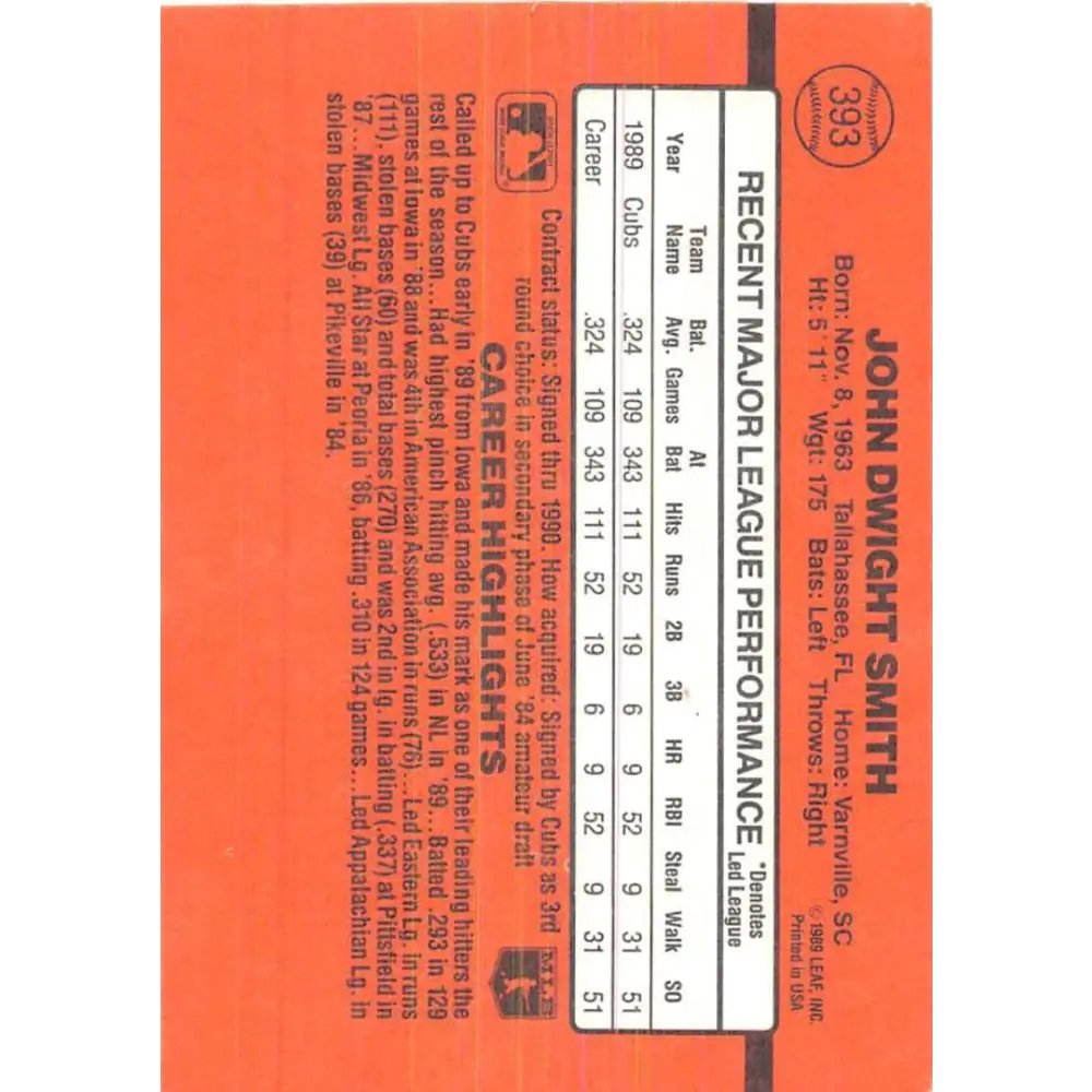 1990 Donruss #393 Dwight Smith VG-EX Chicago Cubs Baseball Card Image 2