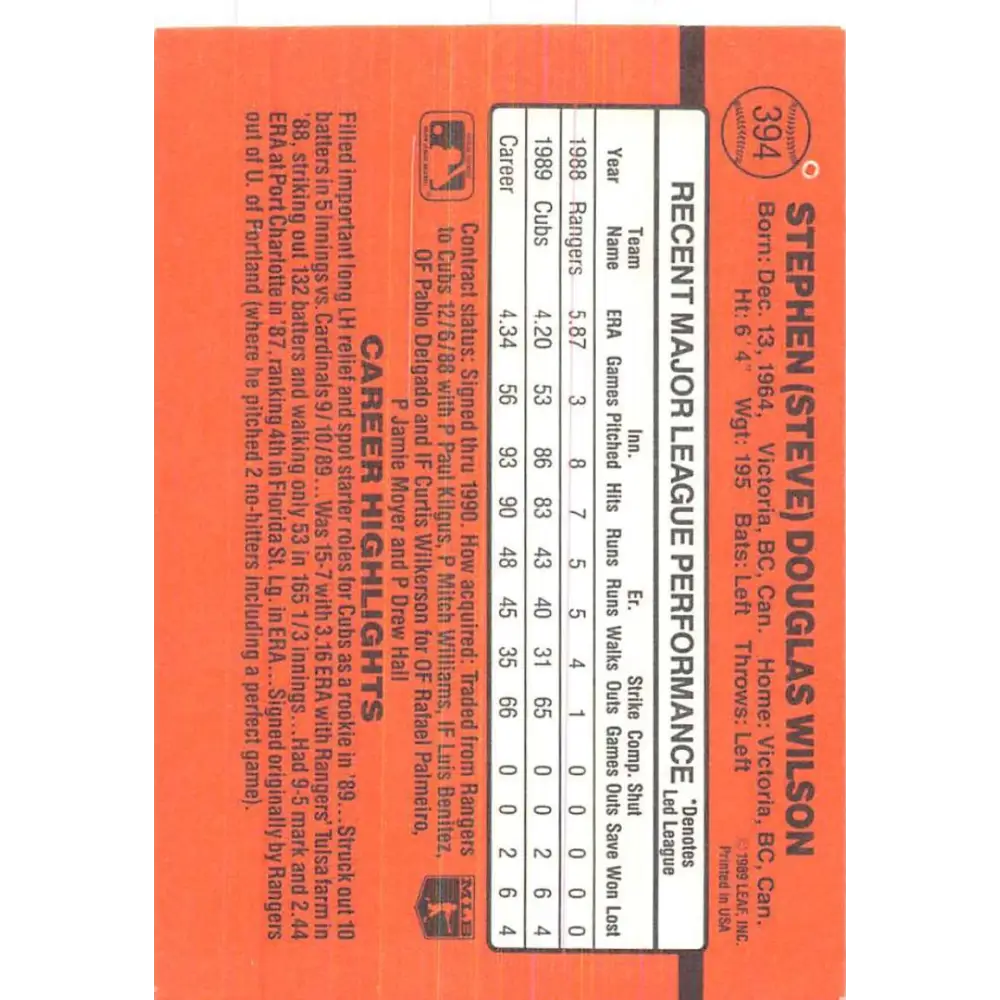 1990 Donruss #394 Steve Wilson VG-EX Chicago Cubs Baseball Card Image 2