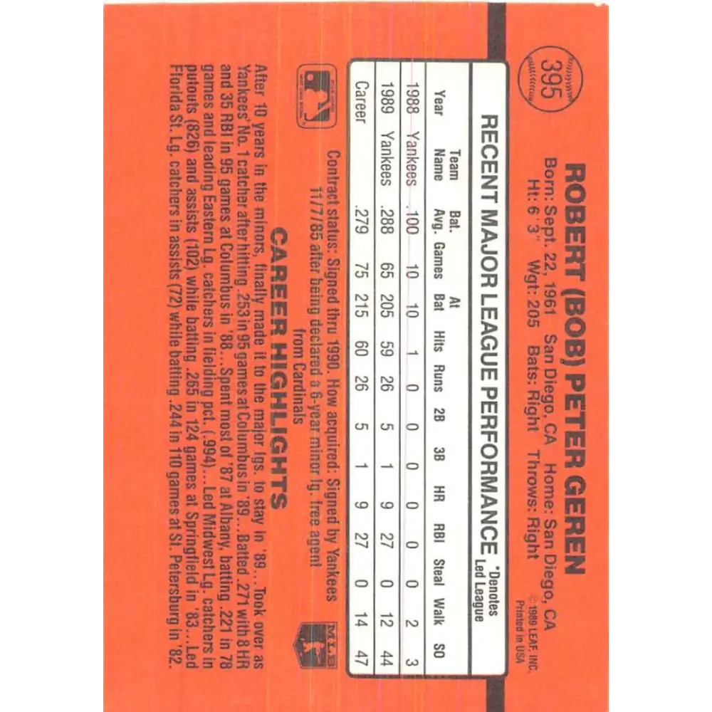 1990 Donruss #395 Bob Geren VG-EX New York Yankees Baseball Card Image 2