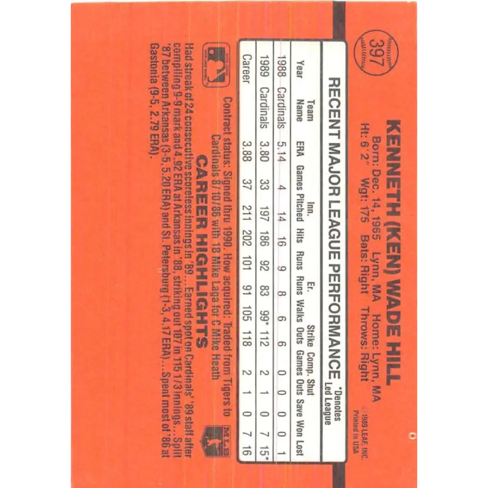 1990 Donruss #397 Ken Hill VG-EX St. Louis Cardinals Baseball Card Image 2