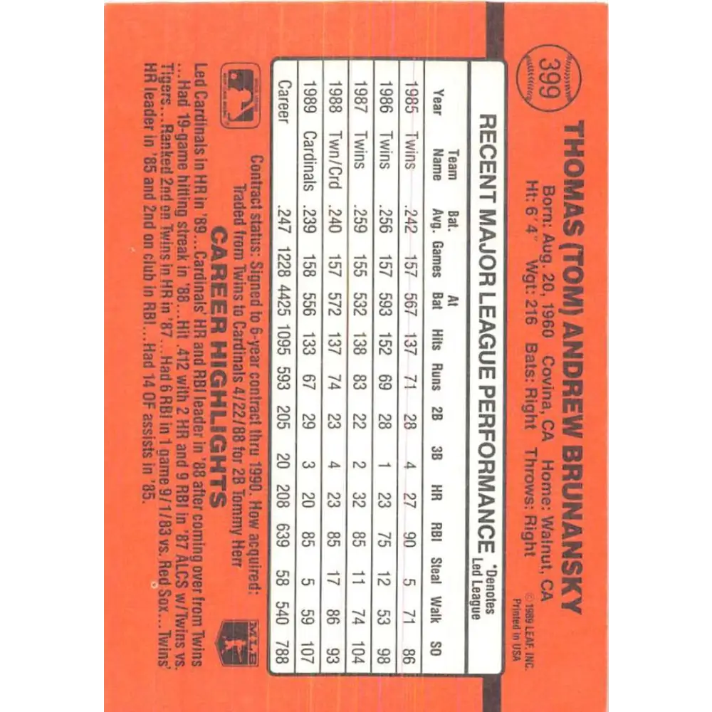 1990 Donruss #399 Tom Brunansky VG-EX St. Louis Cardinals Baseball Card Image 2