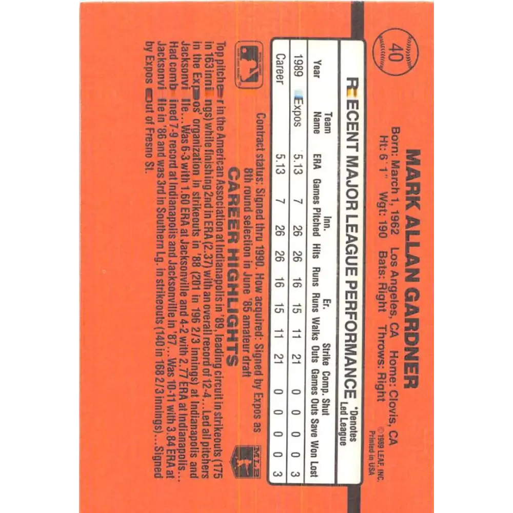 1990 Donruss #40 Mark Gardner VG-EX RC Rookie Montreal Expos Baseball Card Image 2