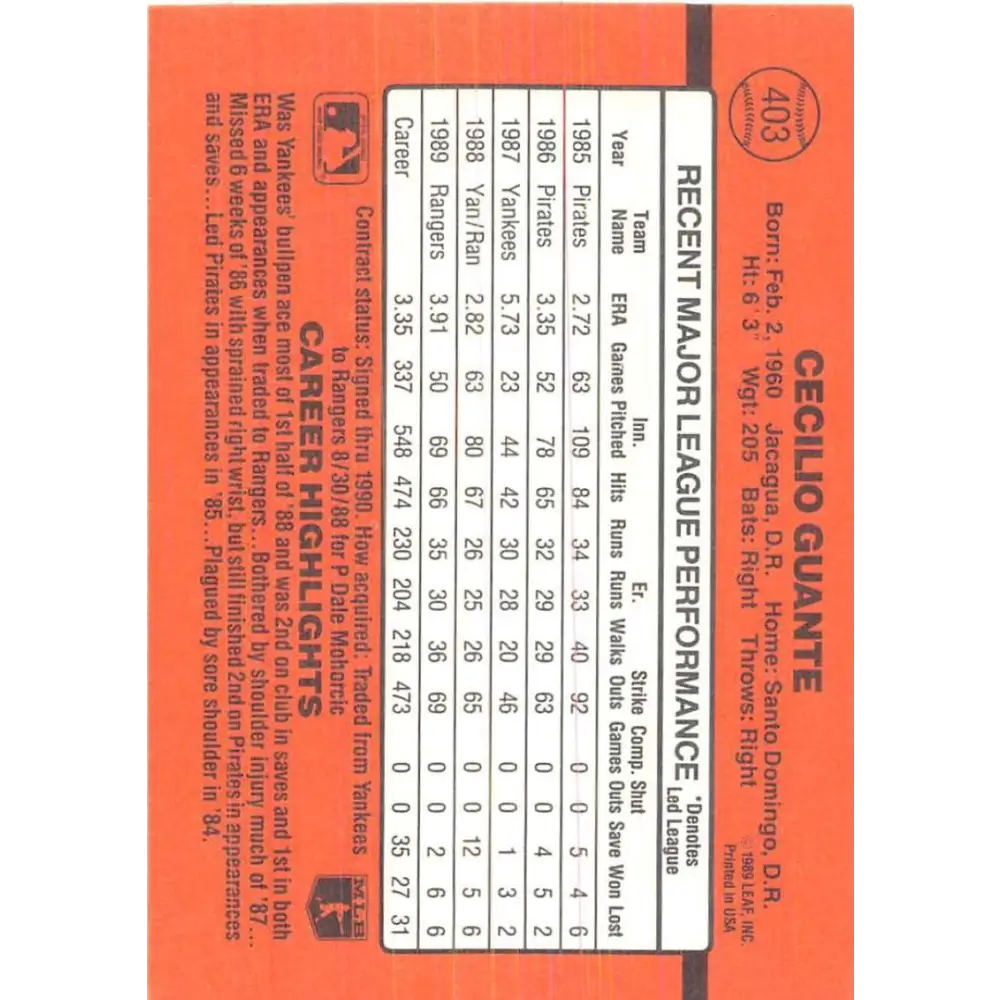 1990 Donruss #403 Cecilio Guante VG-EX Texas Rangers Baseball Card Image 2