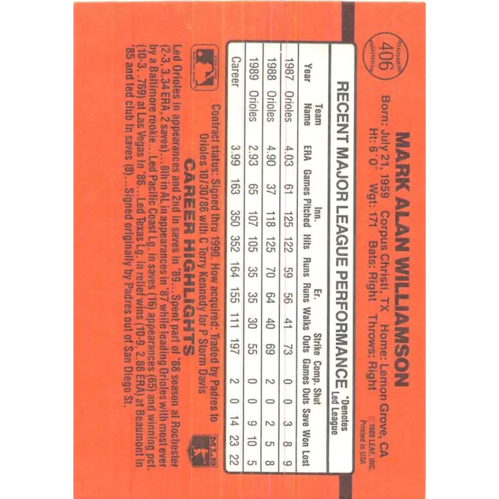 1990 Donruss #406 Mark Williamson VG-EX Baltimore Orioles Baseball Card Image 2