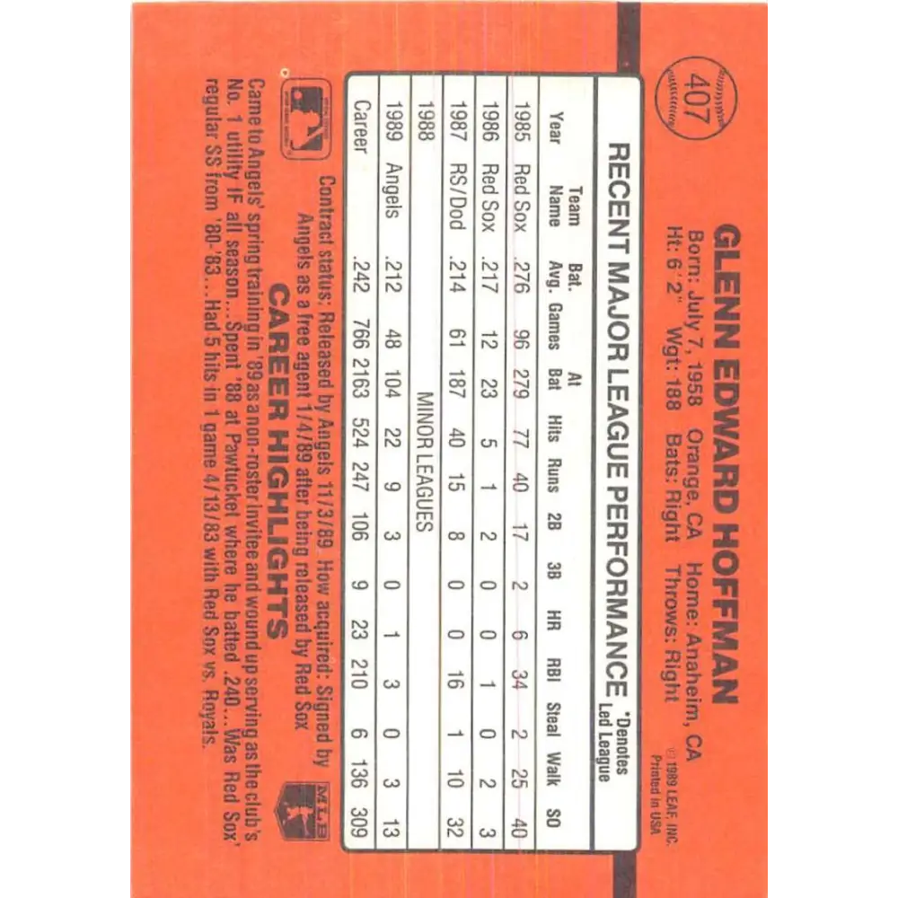 1990 Donruss #407 Glenn Hoffman VG-EX California Angels Baseball Card Image 2