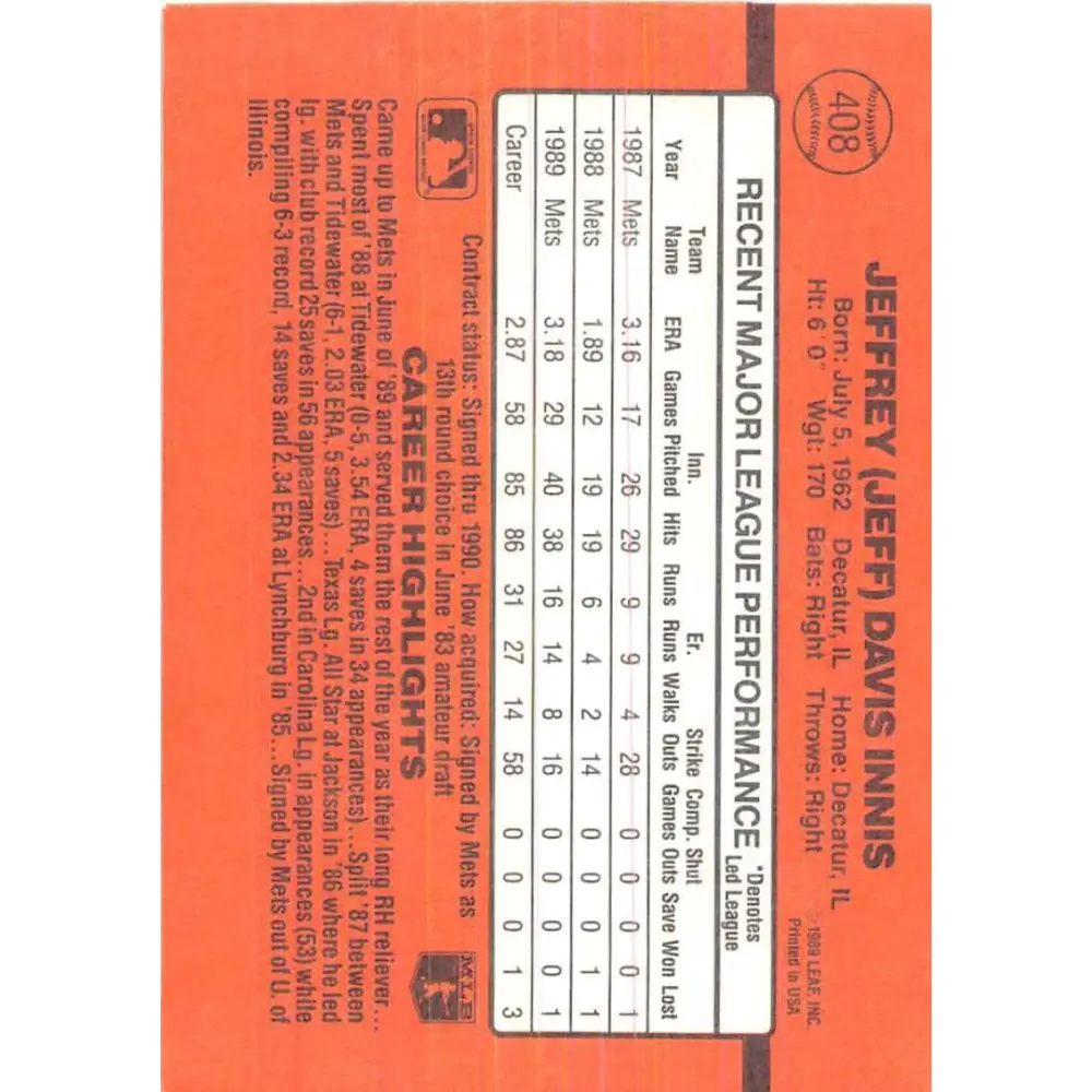 1990 Donruss #408 Jeff Innis VG-EX RC Rookie New York Mets Baseball Card Image 2