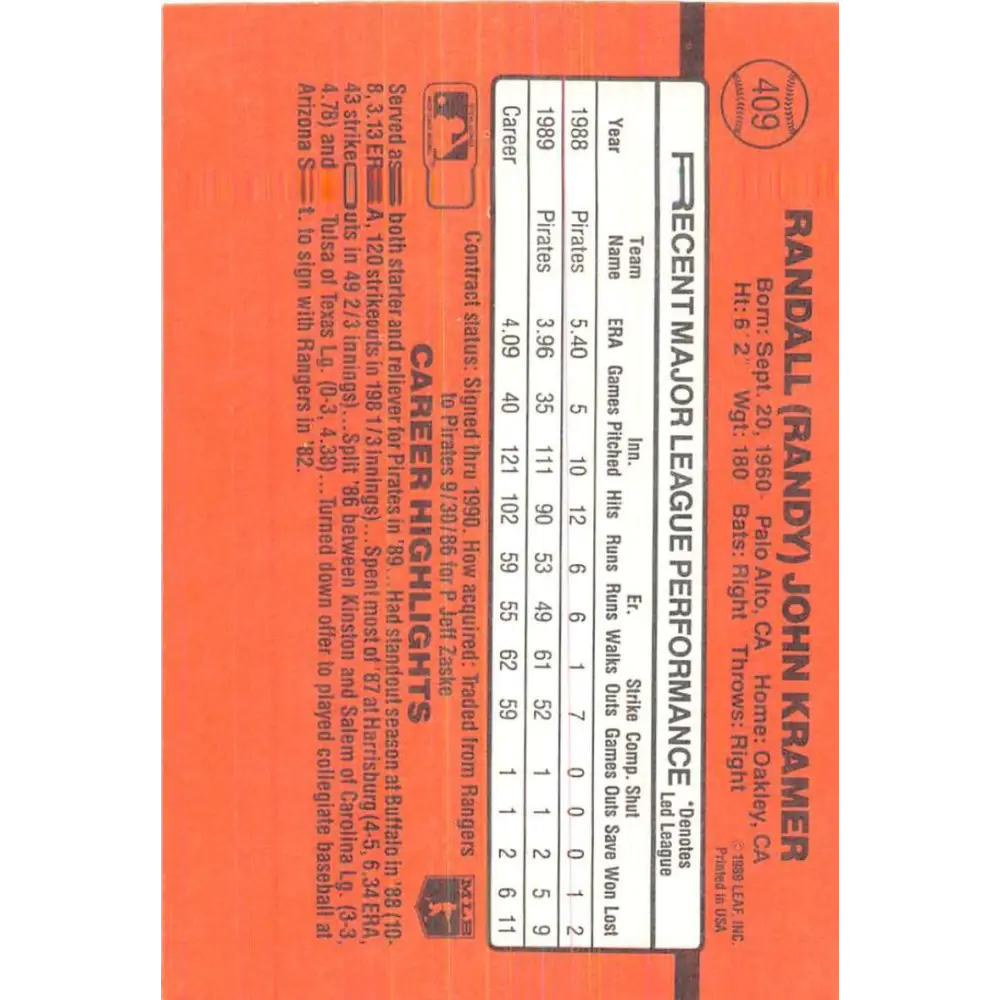 1990 Donruss #409 Randy Kramer VG-EX Pittsburgh Pirates Baseball Card Image 2