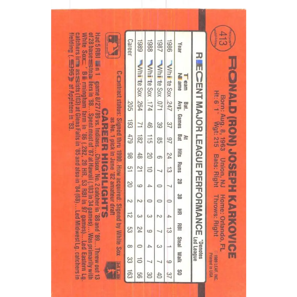 1990 Donruss #413 Ron Karkovice VG-EX Chicago White Sox Baseball Card Image 2