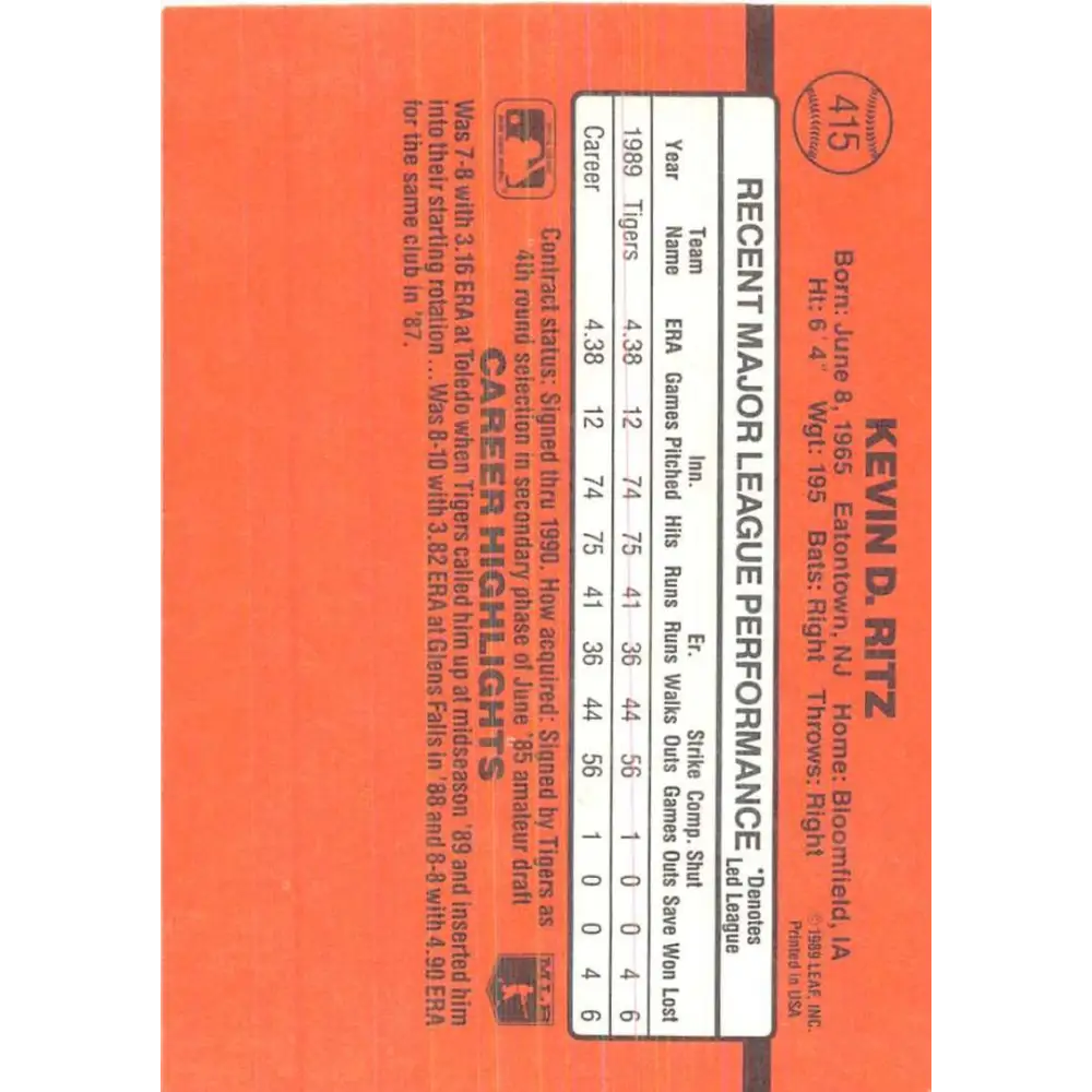 1990 Donruss #415 Kevin Ritz VG-EX RC Rookie Detroit Tigers Baseball Card Image 2