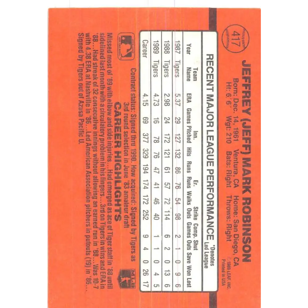 1990 Donruss #417 Jeff Robinson VG-EX Detroit Tigers Baseball Card Image 2