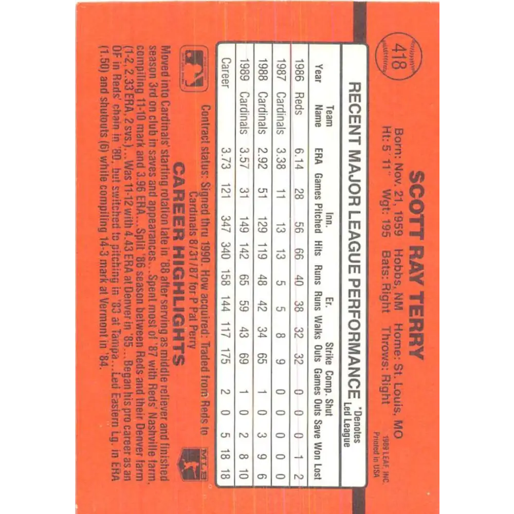 1990 Donruss #418 Scott Terry VG-EX St. Louis Cardinals Baseball Card Image 2