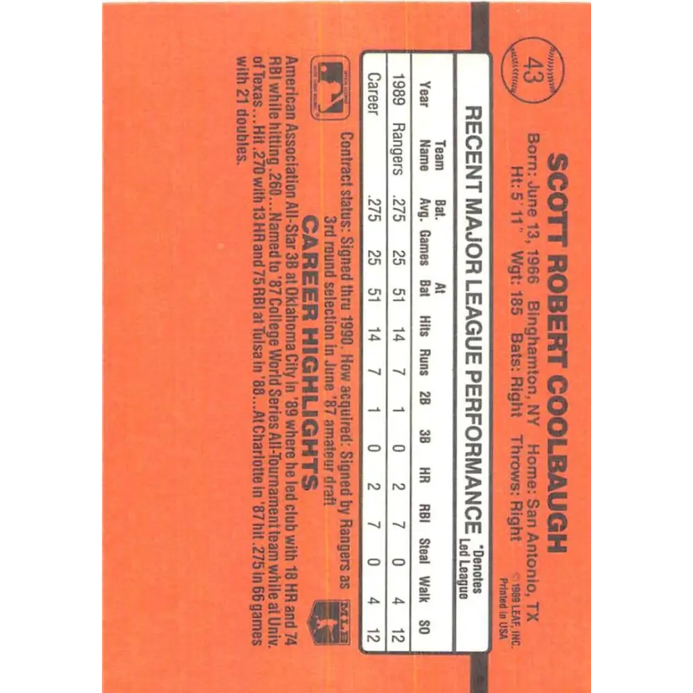 1990 Donruss #43 Scott Coolbaugh VG-EX RC Rookie Texas Rangers Baseball Card Image 2