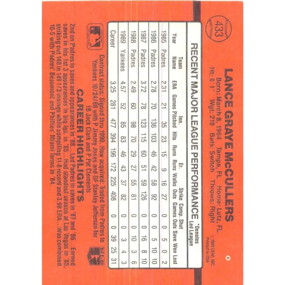 1990 Donruss #433 Lance McCullers VG-EX New York Yankees Baseball Card Image 2