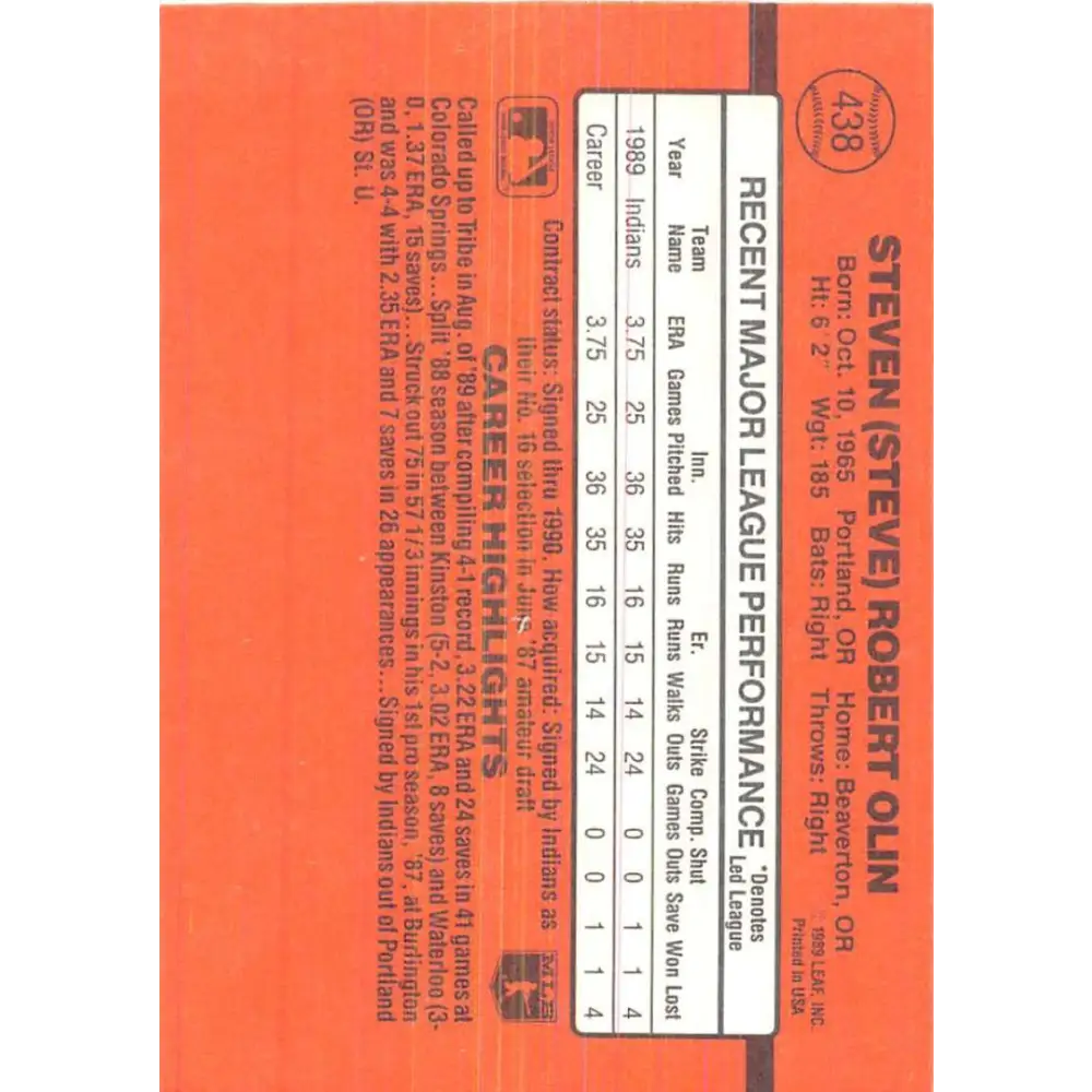 1990 Donruss #438 Steve Olin VG-EX RC Rookie Cleveland Indians Baseball Card Image 2