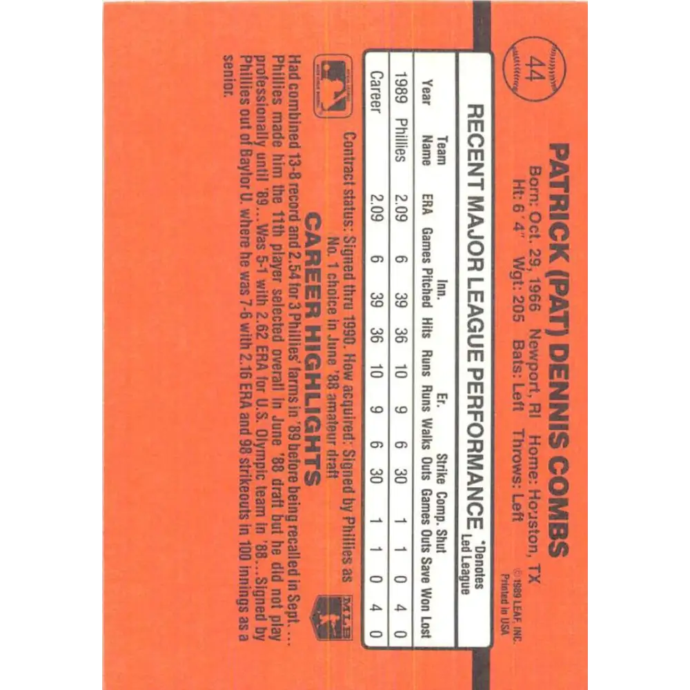 1990 Donruss #44 Pat Combs DP VG-EX Philadelphia Phillies Baseball Card Image 2