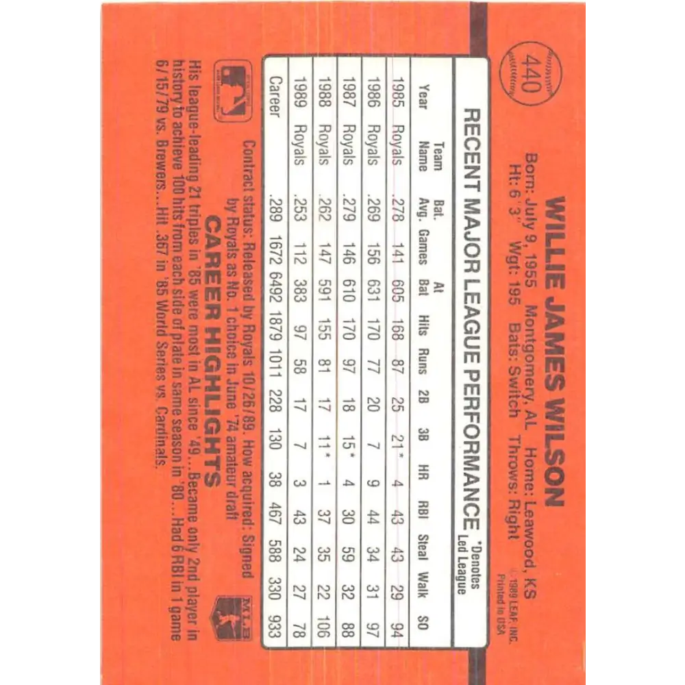 1990 Donruss #440 Willie Wilson VG-EX Kansas City Royals Baseball Card Image 2