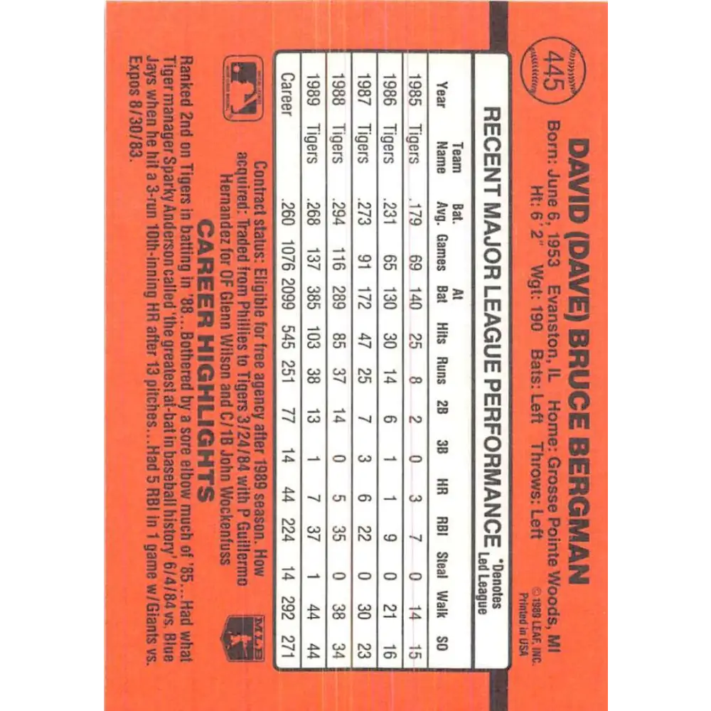 1990 Donruss #445 Dave Bergman VG-EX Detroit Tigers Baseball Card Image 2