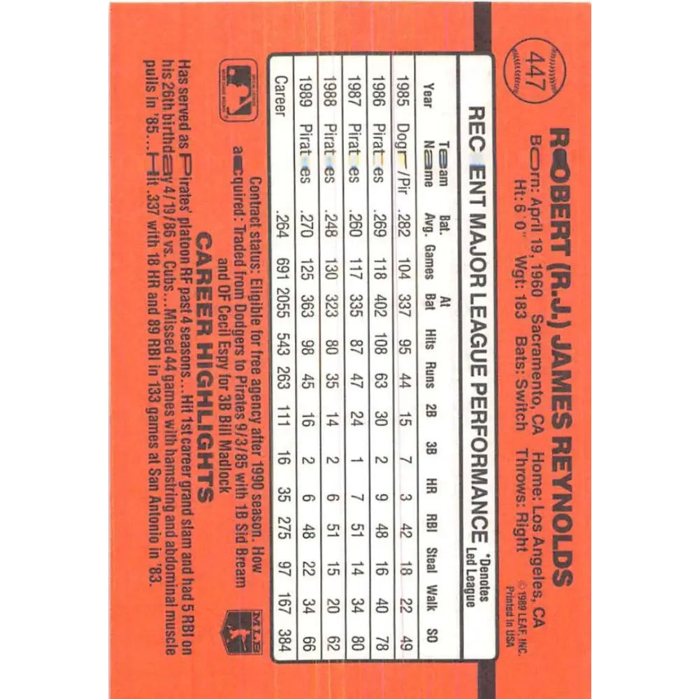 1990 Donruss #447 R.J. Reynolds VG-EX Pittsburgh Pirates Baseball Card Image 2