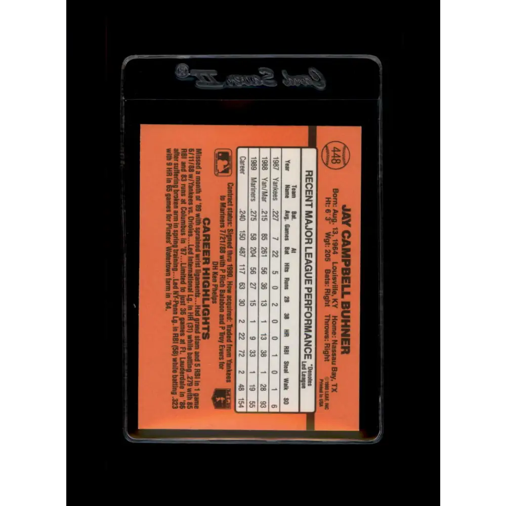 1990 Donruss #448 Jay Buhner VG-EX Seattle Mariners Baseball Card Image 2