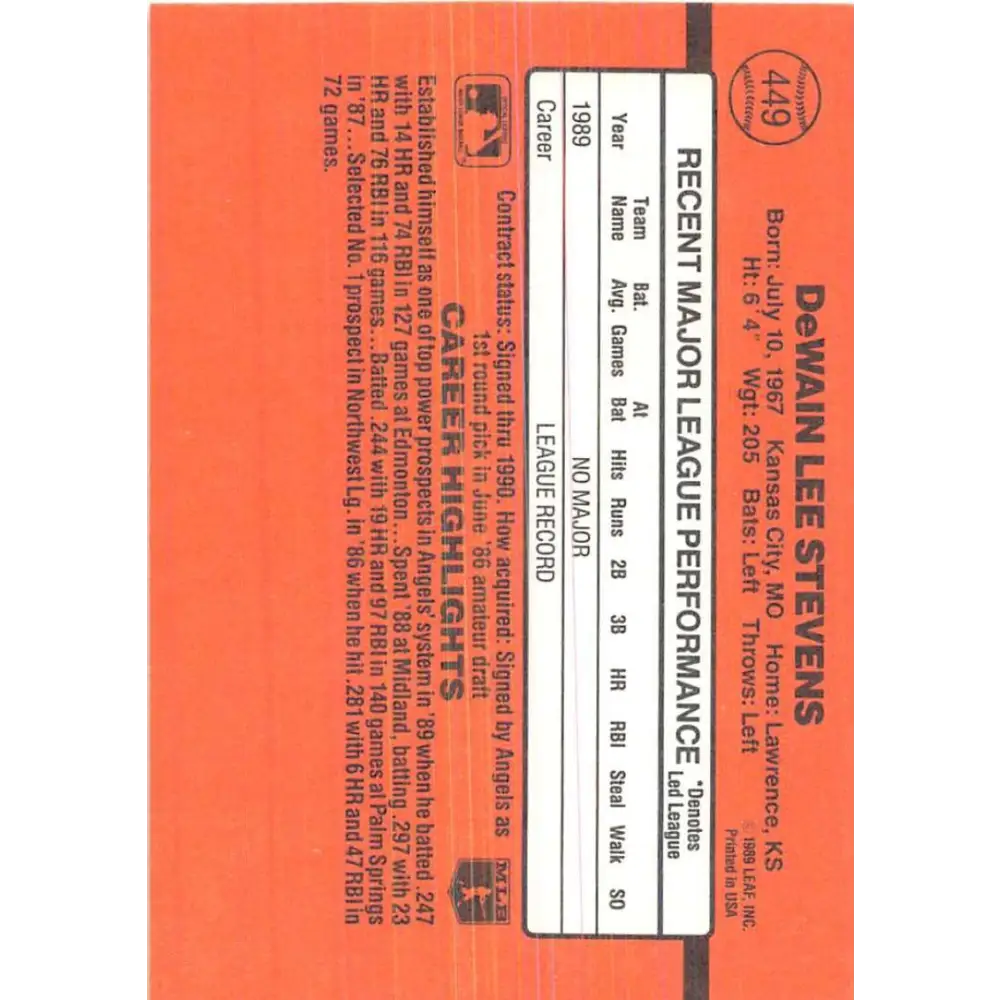 1990 Donruss #449 Lee Stevens VG-EX RC Rookie California Angels Baseball Card Image 2