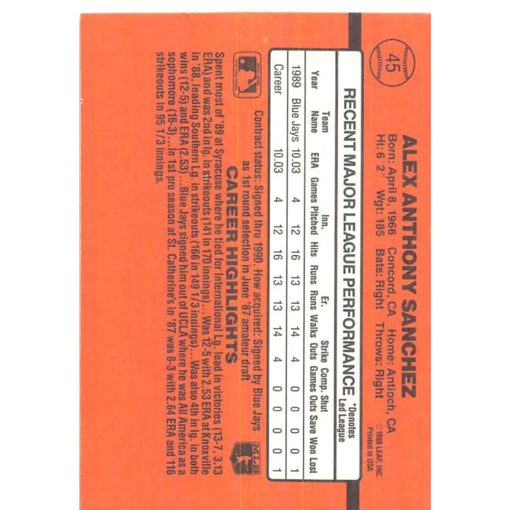 1990 Donruss #45 Alex Sanchez DP VG-EX Toronto Blue Jays Baseball Card Image 2