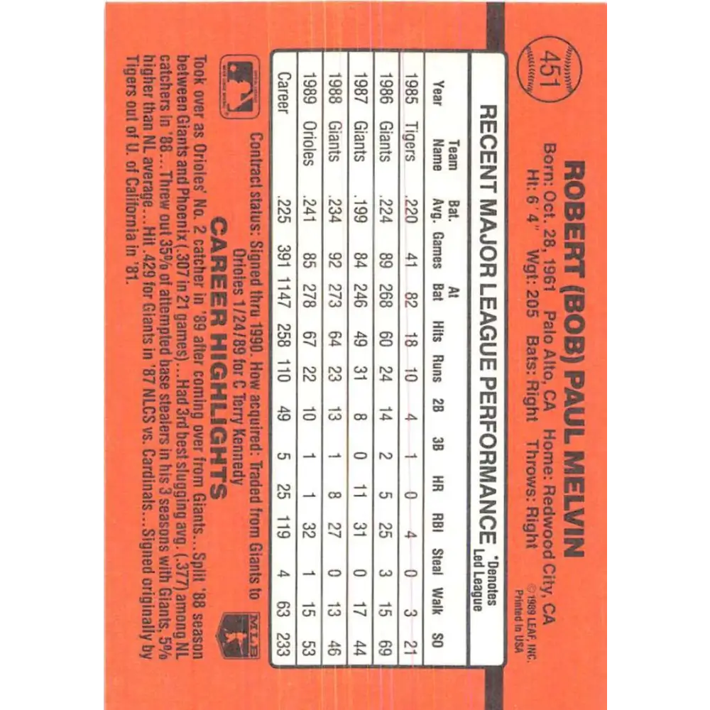 1990 Donruss #451 Bob Melvin VG-EX Baltimore Orioles Baseball Card Image 2