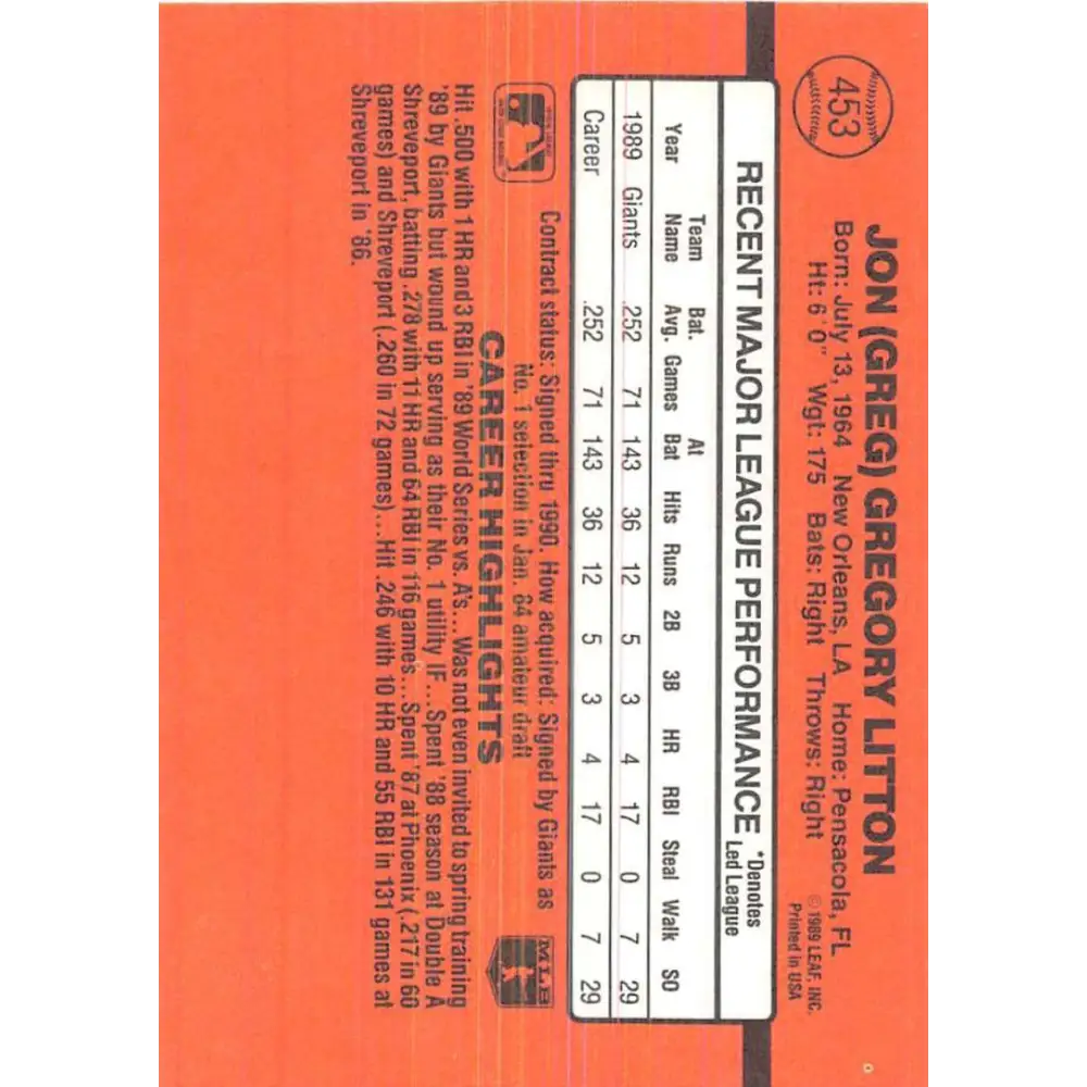 1990 Donruss #453 Greg Litton VG-EX San Francisco Giants Baseball Card Image 2