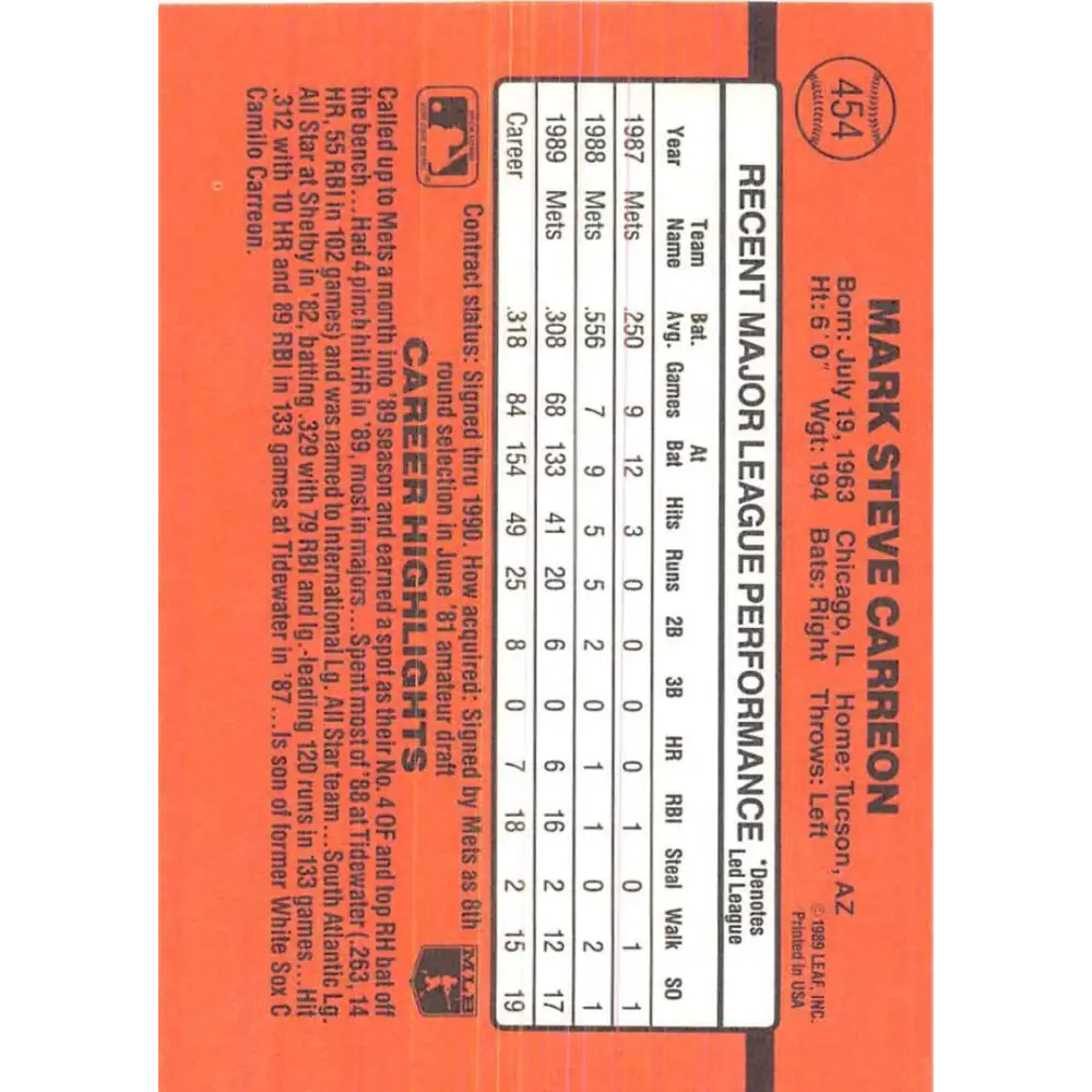 1990 Donruss #454 Mark Carreon VG-EX New York Mets Baseball Card Image 2