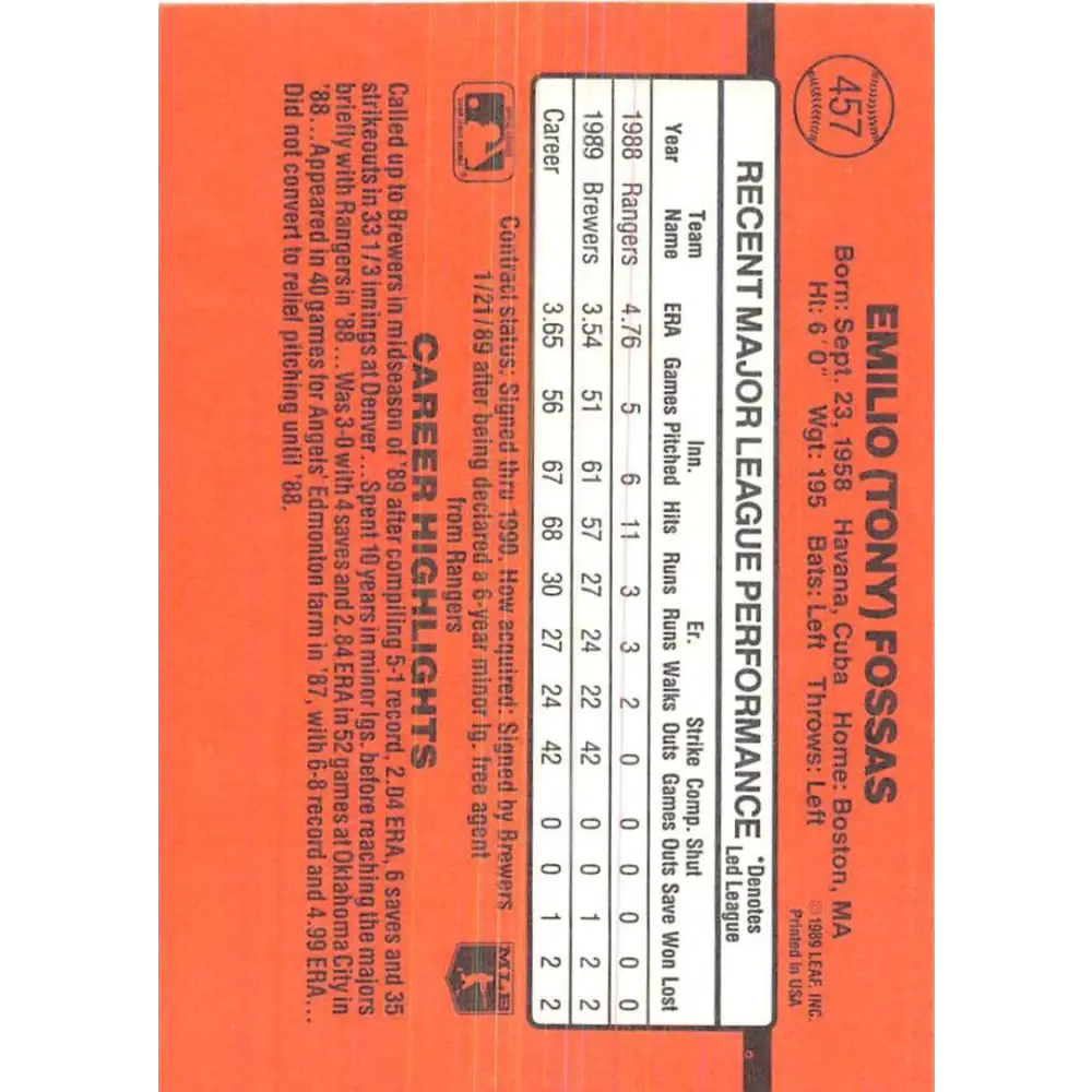 1990 Donruss #457 Tony Fossas VG-EX RC Rookie Milwaukee Brewers Baseball Card Image 2