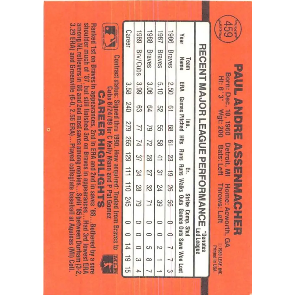 1990 Donruss #459 Paul Assenmacher VG-EX Chicago Cubs Baseball Card Image 2