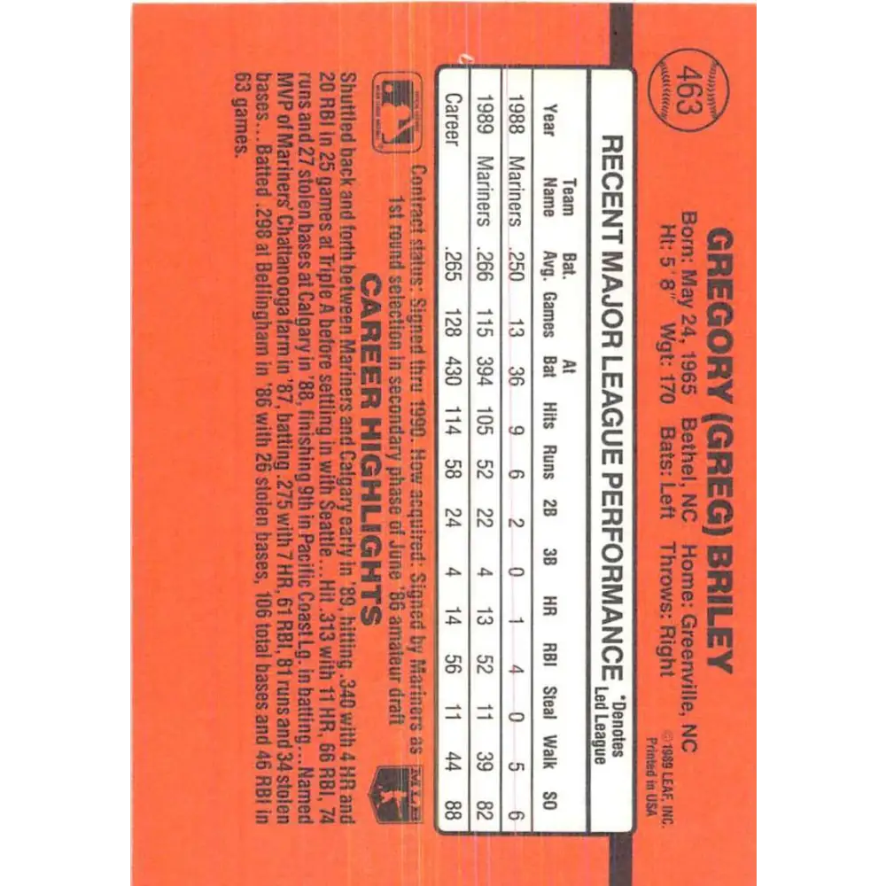 1990 Donruss #463 Greg Briley VG-EX Seattle Mariners Baseball Card Image 2