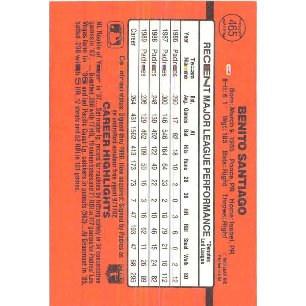 1990 Donruss #465 Benito Santiago VG-EX San Diego Padres Baseball Card Image 2