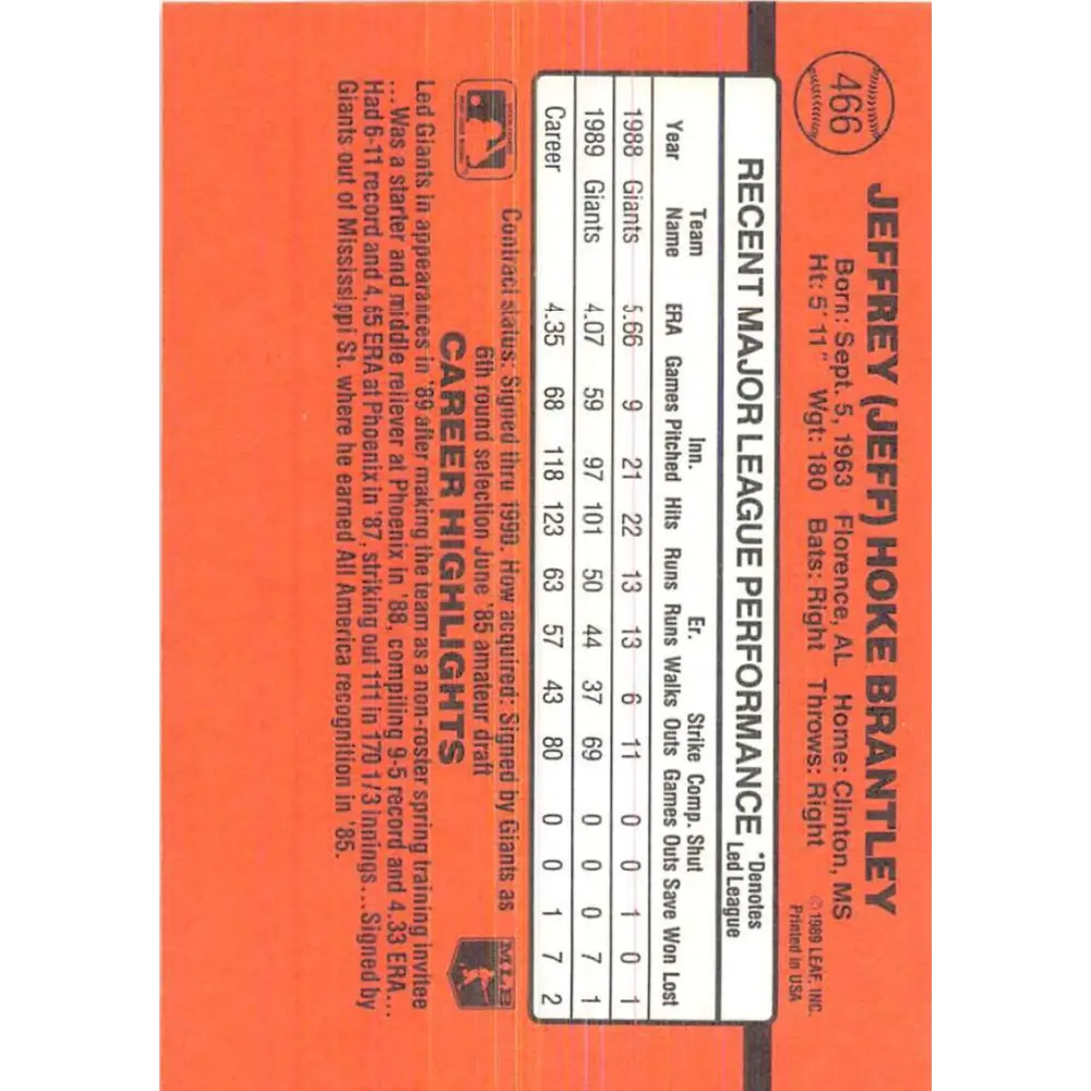 1990 Donruss #466 Jeff Brantley VG-EX San Francisco Giants Baseball Card Image 2