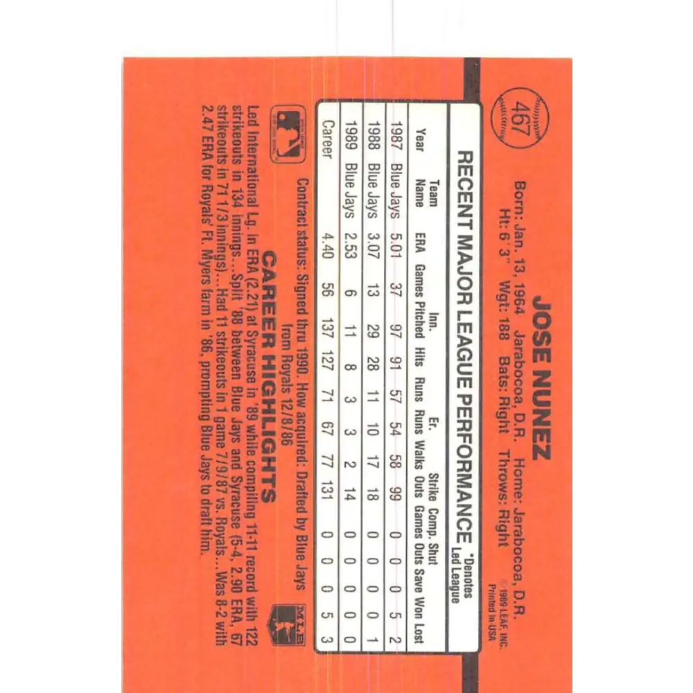 1990 Donruss #467 Jose Nunez VG-EX Toronto Blue Jays Baseball Card Image 2