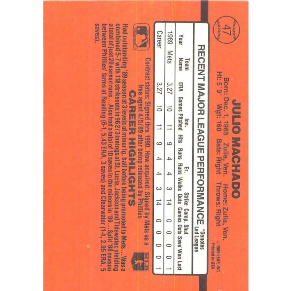 1990 Donruss #47 Julio Machado VG-EX RC Rookie New York Mets Baseball Card Image 2