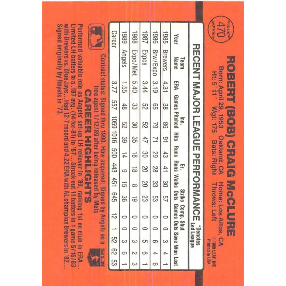 1990 Donruss #470 Bob McClure VG-EX California Angels Baseball Card Image 2