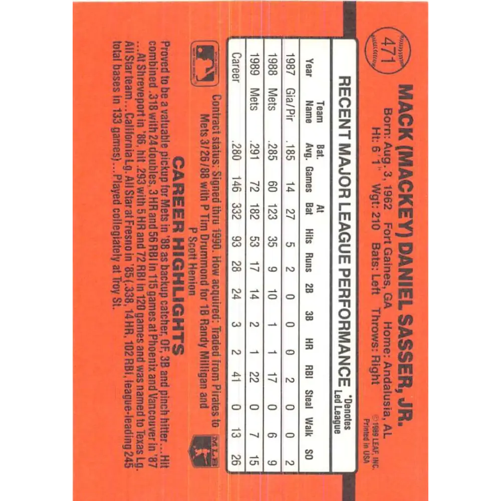 1990 Donruss #471 Mackey Sasser VG-EX New York Mets Baseball Card Image 2