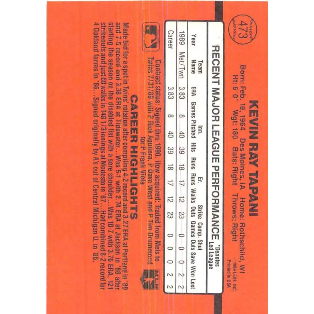 1990 Donruss #473 Kevin Tapani VG-EX RC Rookie Minnesota Twins Baseball Card Image 2