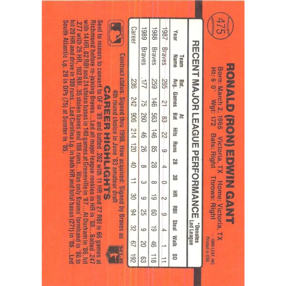 1990 Donruss #475 Ron Gant VG-EX Atlanta Braves Baseball Card Image 2