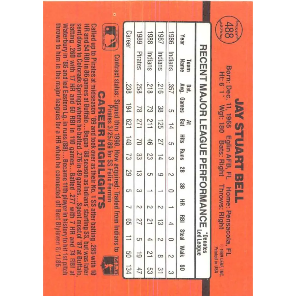 1990 Donruss #488 Jay Bell VG-EX Pittsburgh Pirates Baseball Card Image 2