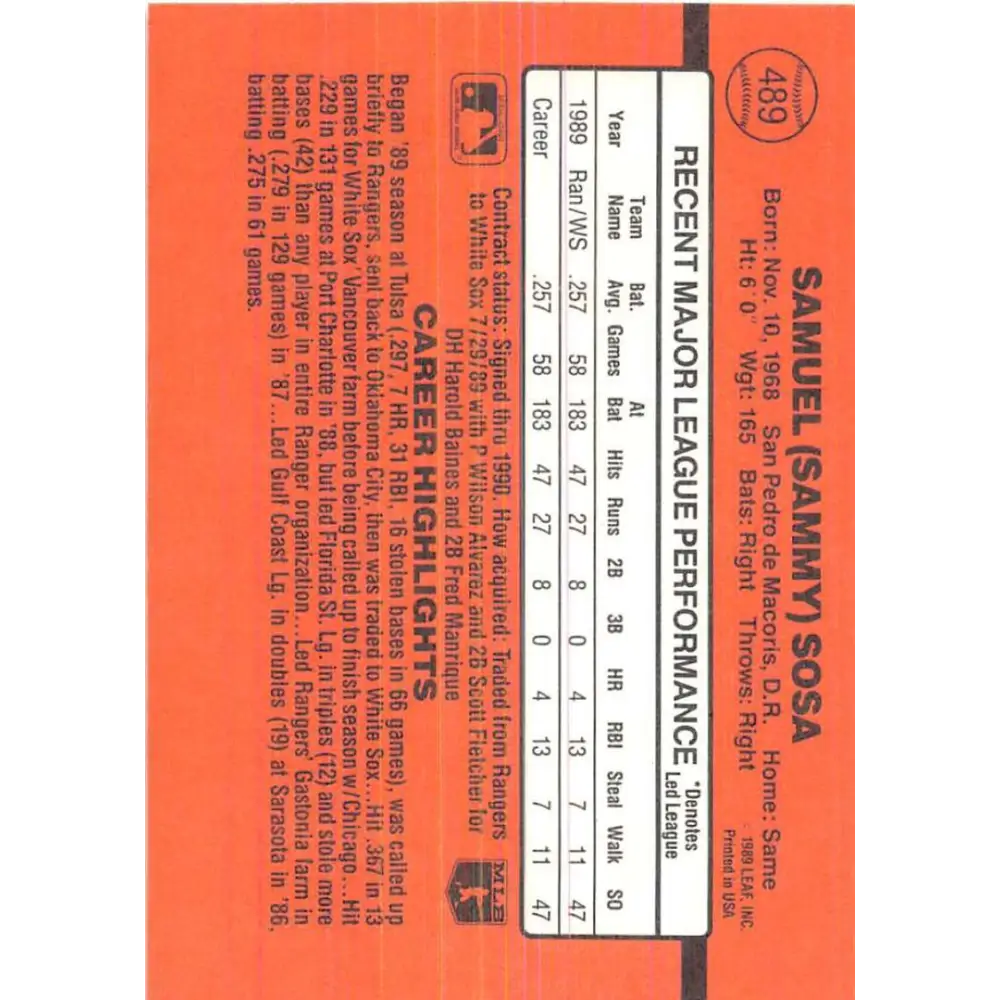 1990 Donruss #489 Sammy Sosa VG-EX RC Rookie Chicago White Sox Baseball Card Image 2