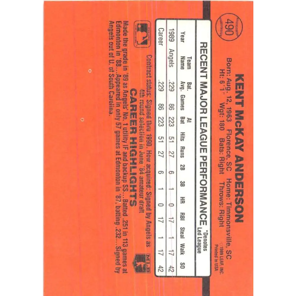 1990 Donruss #490 Kent Anderson VG-EX RC Rookie California Angels Baseball Card Image 2