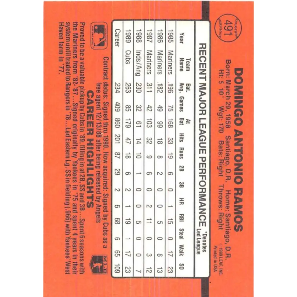 1990 Donruss #491 Domingo Ramos VG-EX Chicago Cubs Baseball Card Image 2