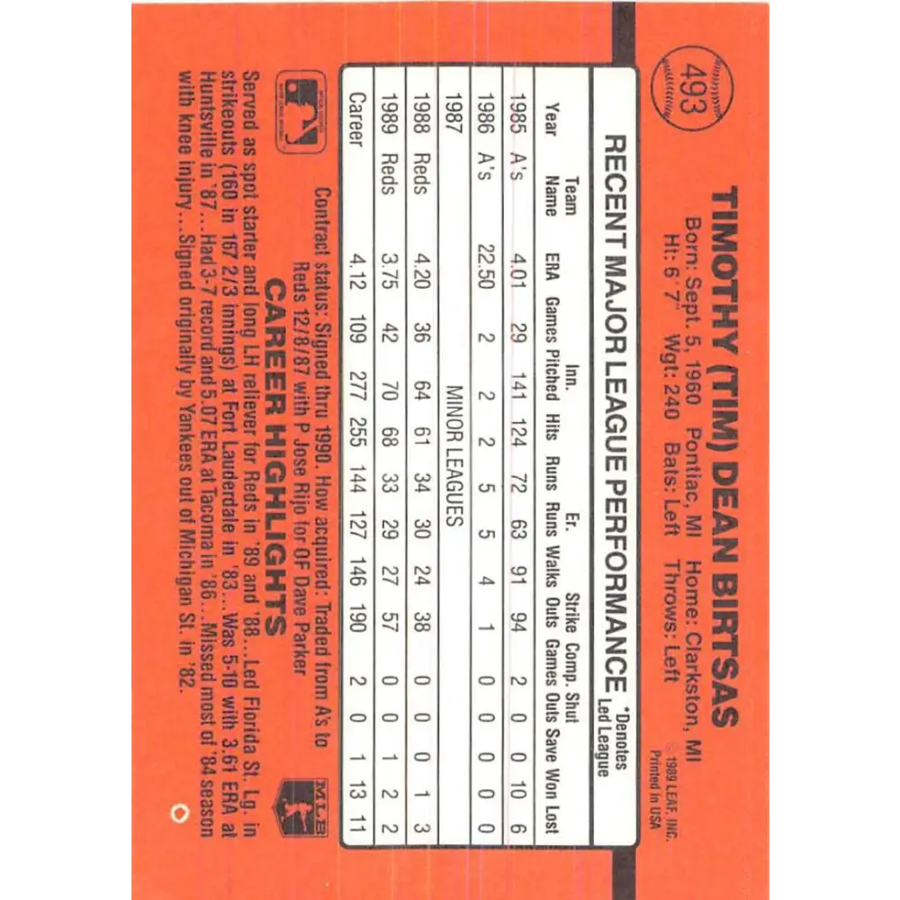 1990 Donruss #493 Tim Birtsas VG-EX Cincinnati Reds Baseball Card Image 2