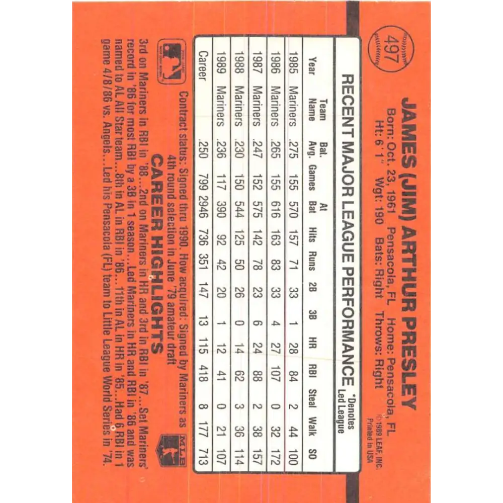 1990 Donruss #497 Jim Presley VG-EX Seattle Mariners Baseball Card Image 2